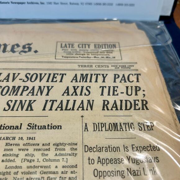 Vintage March 10, 1941 New York Times Newspaper WWII Era Collectible Certificate - Picture 12 of 16
